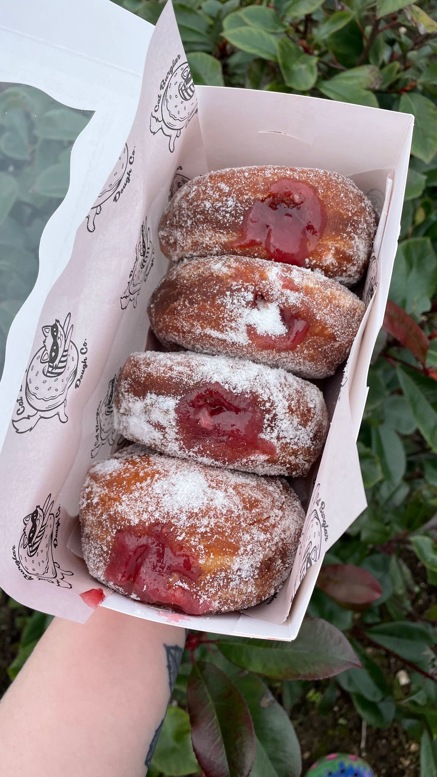 Jam oozes from sugar coated doughnuts